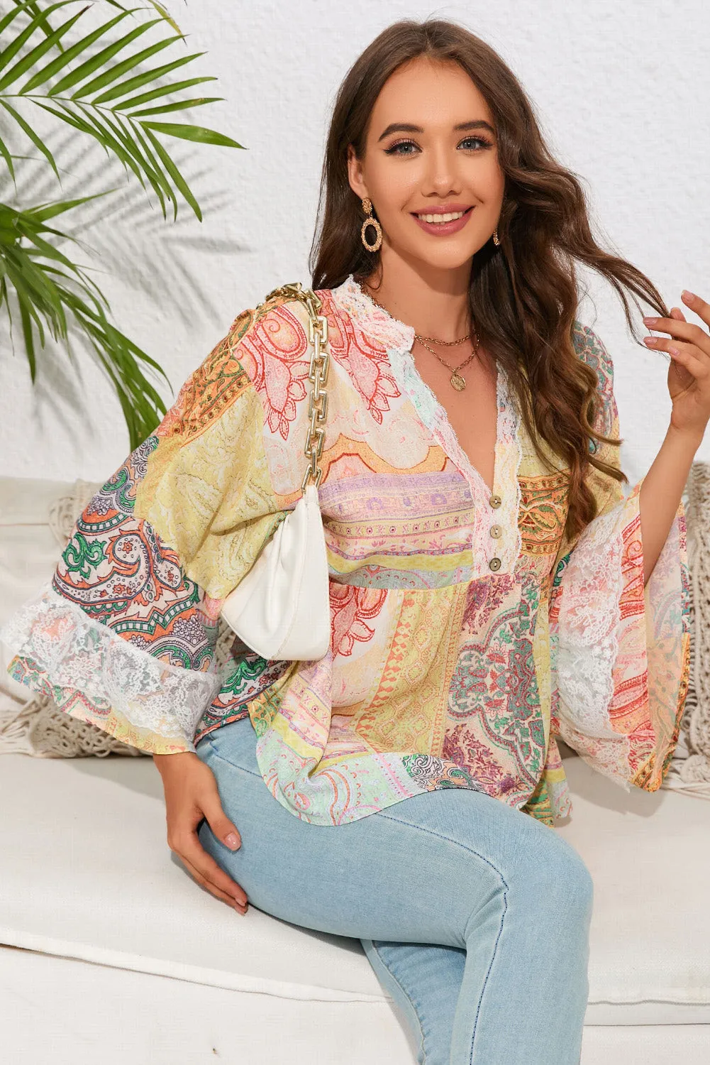 "Double Take" Printed Lace Trim Boho Blouse