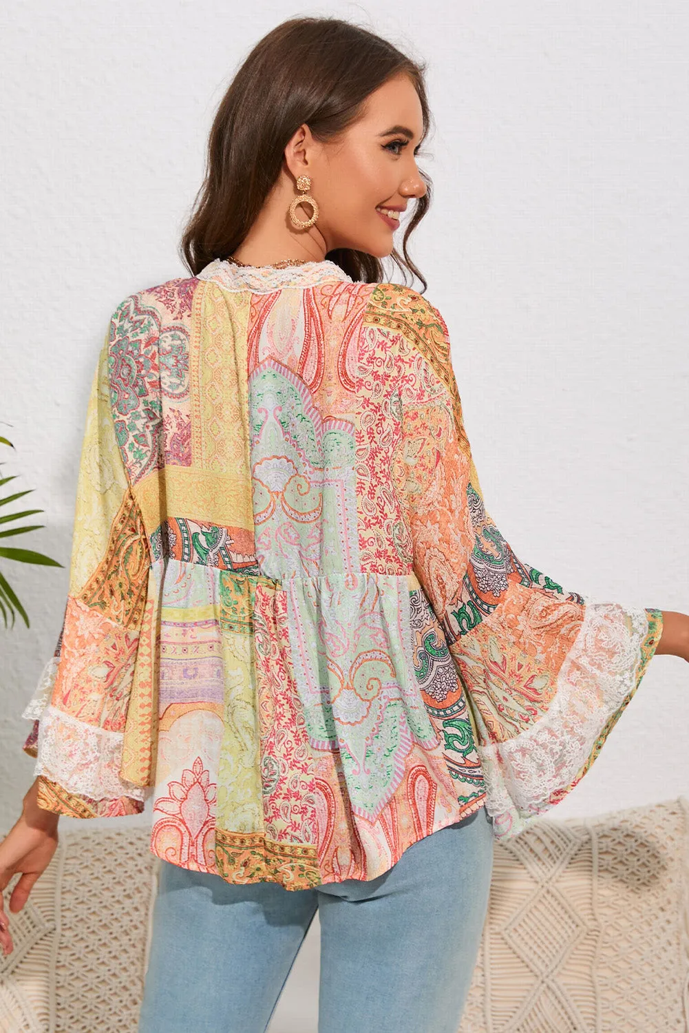 "Double Take" Printed Lace Trim Boho Blouse