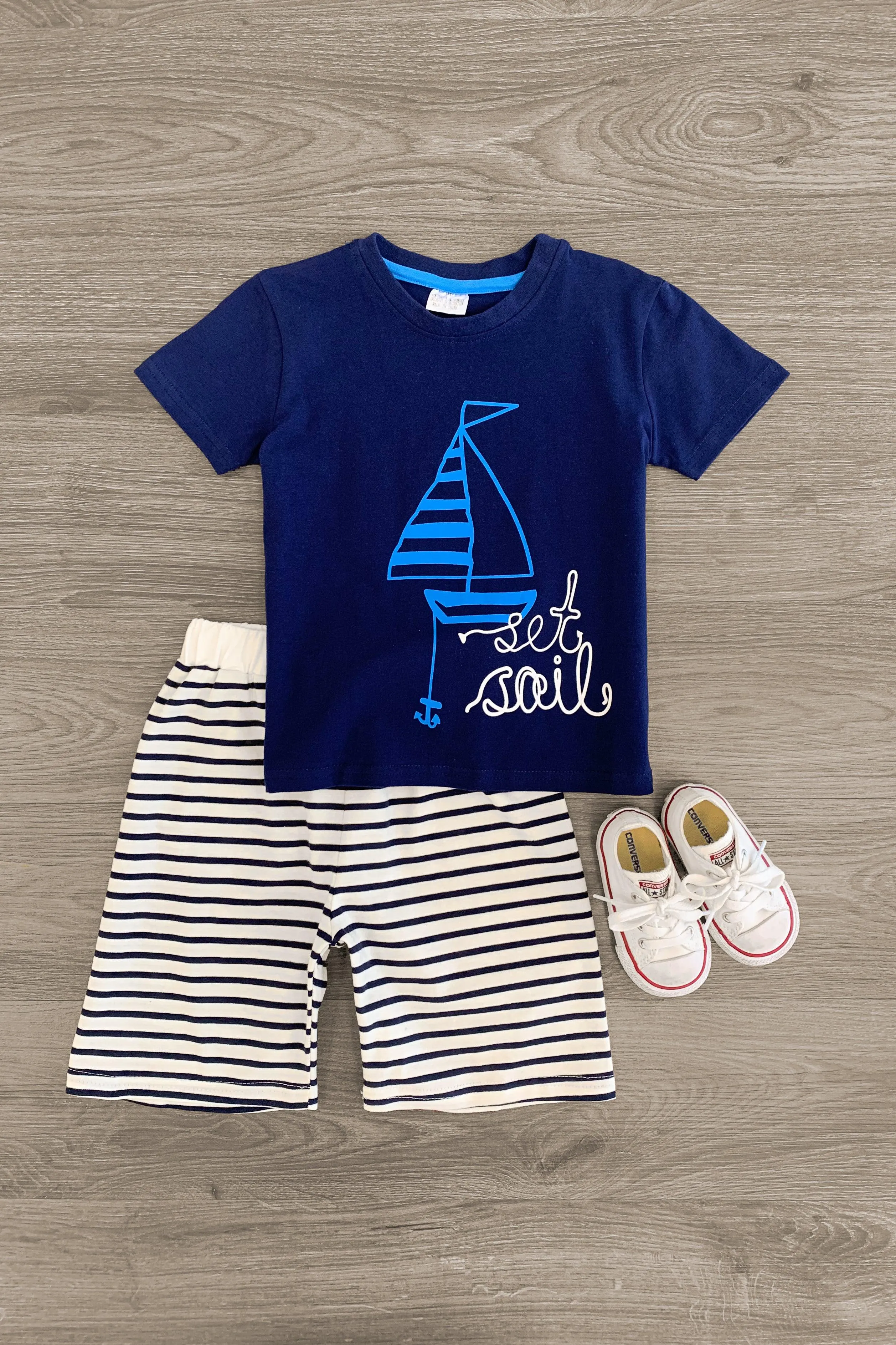 "Set Sail" Navy & Striped Short Set