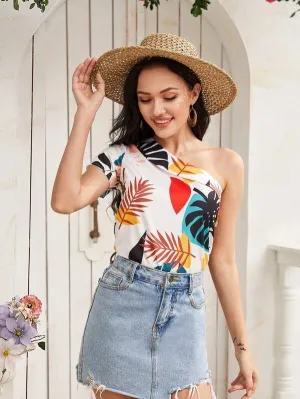 Tropical Print One Shoulder Blouse