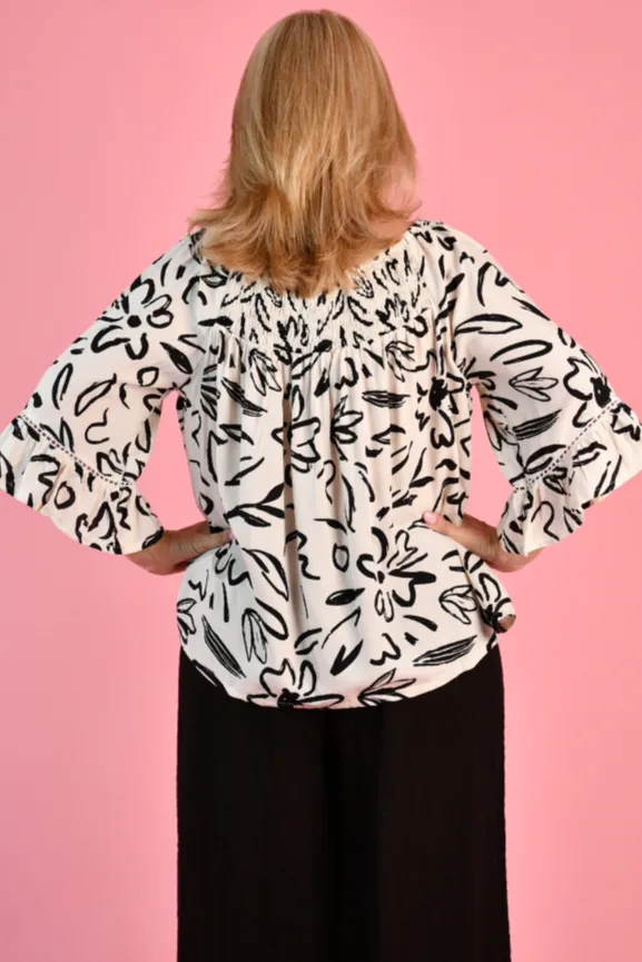 VBLT113 - ROUCHED BELL SLEEVE TOP - PICASSO'S GARDEN BLACK/WHITE