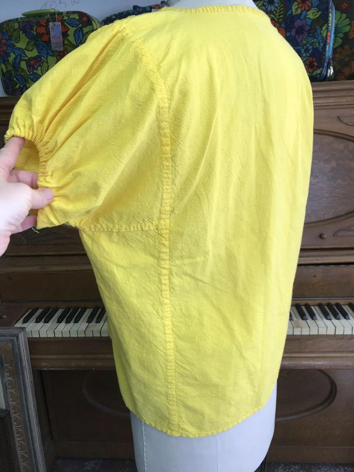 VTG 70s | Mexican Hippie Boho Cotton Boho Yellow Embroidered Blouse | Free size