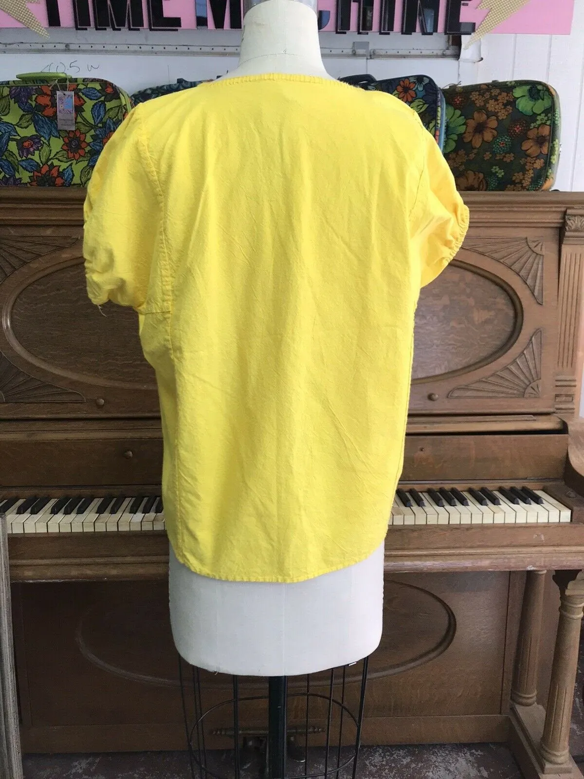 VTG 70s | Mexican Hippie Boho Cotton Boho Yellow Embroidered Blouse | Free size
