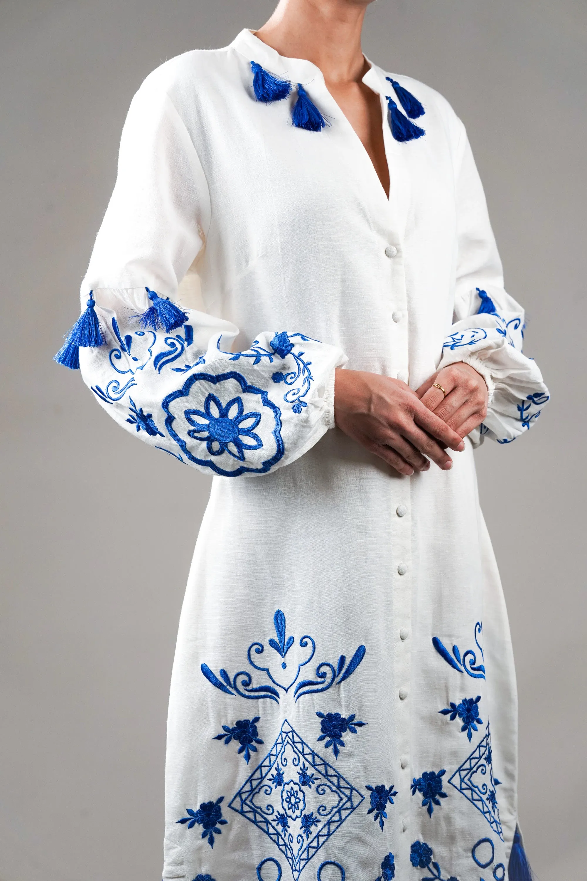 White Embroidered Cotton Dress With Tassels
