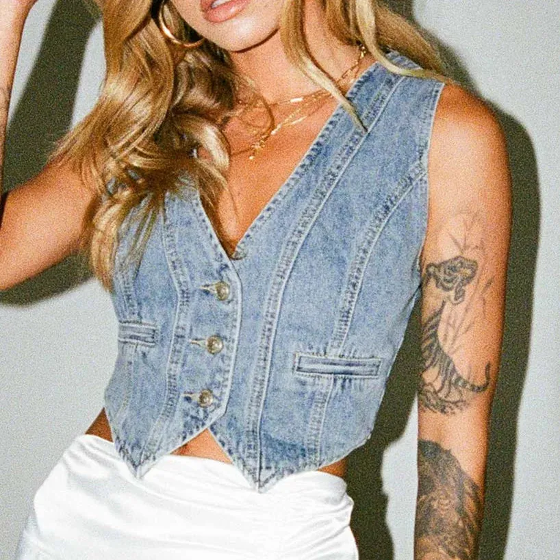 Women's Denim Crop Vest - Sleeveless V-Neck Button Down Jean Tank Tops, Chic Summer Streetwear
