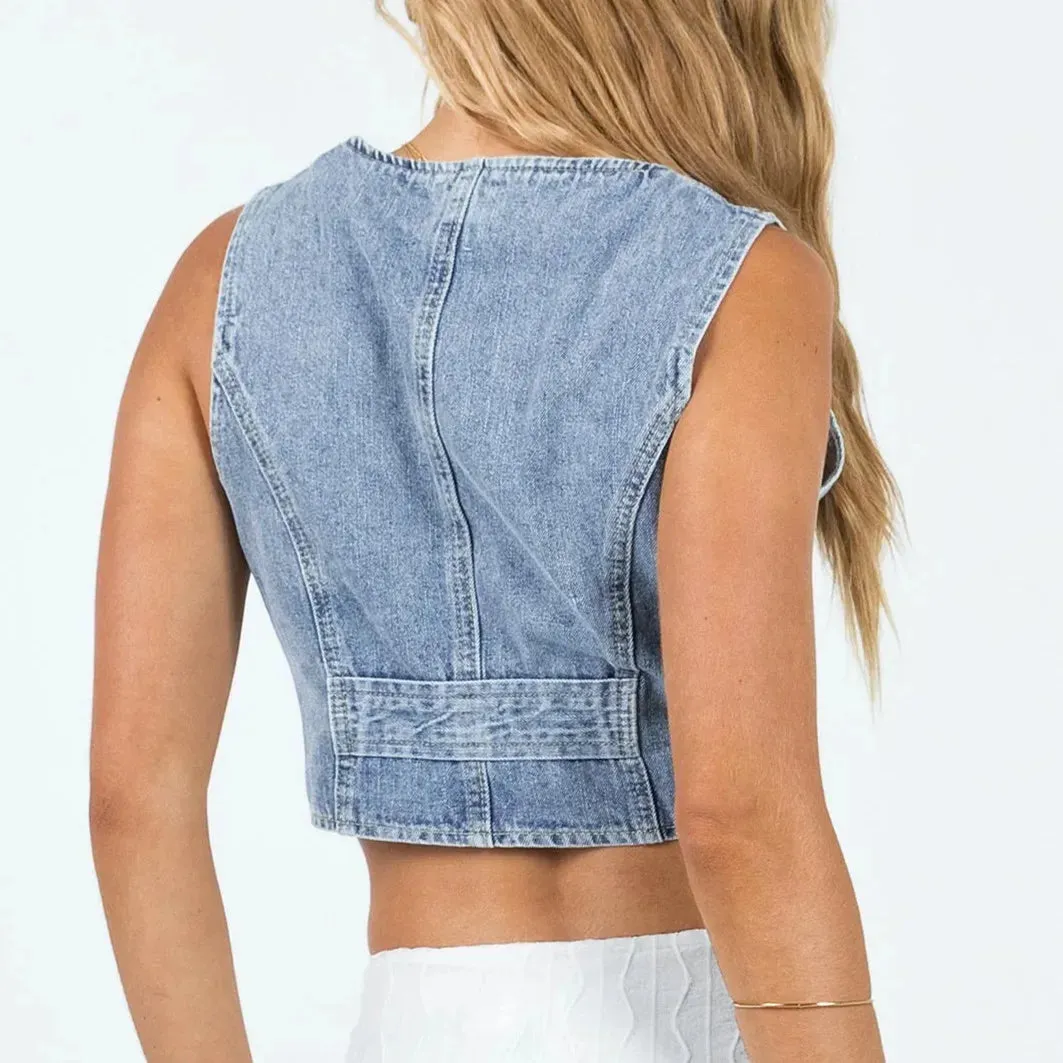 Women's Denim Crop Vest - Sleeveless V-Neck Button Down Jean Tank Tops, Chic Summer Streetwear